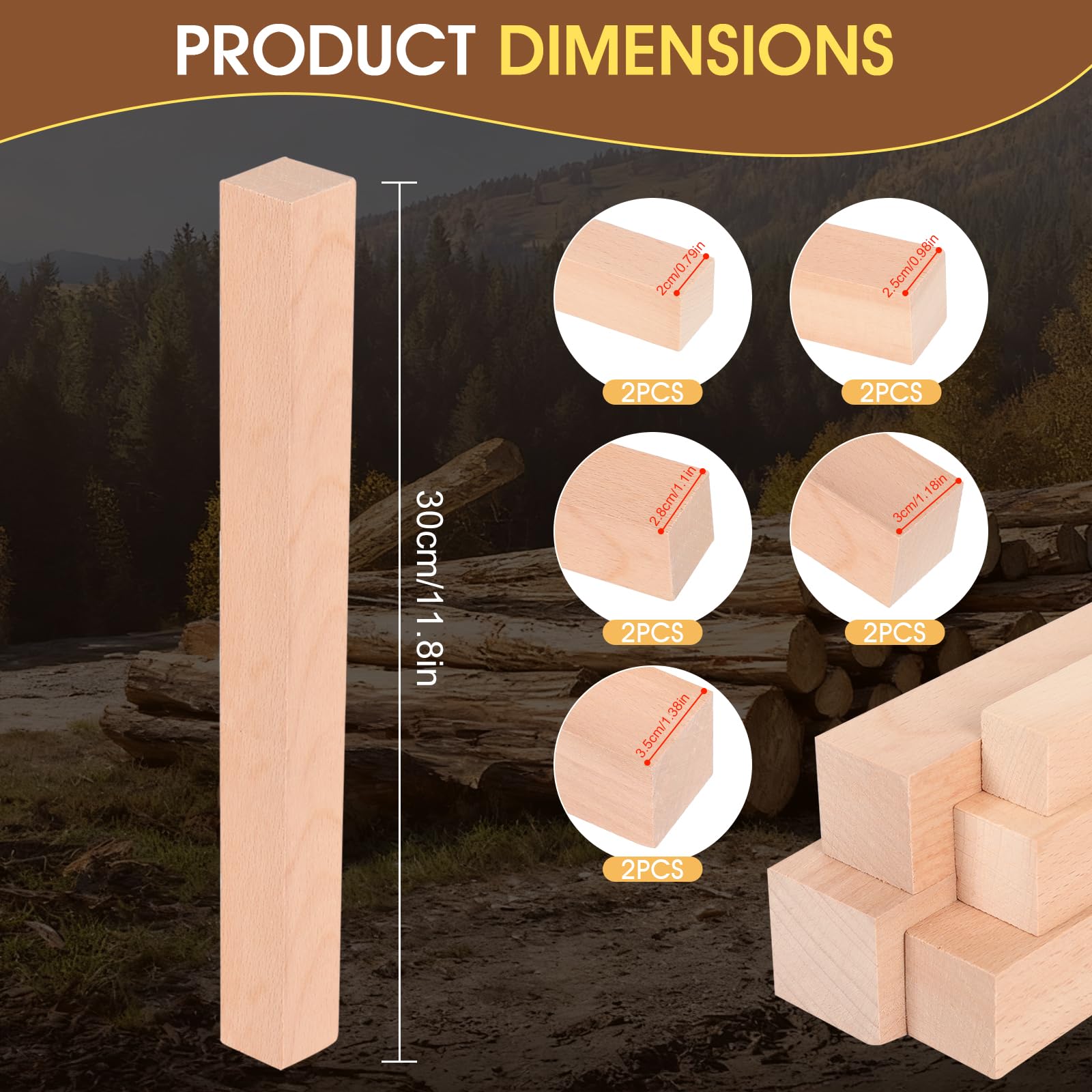 Listones de madera de haya y barras de madera de diferentes tamaños, bloques de tallado de madera para bricolaje, manualidades, carpintería, proyectos creativos y manualidades (30 cm, 10 unidades)