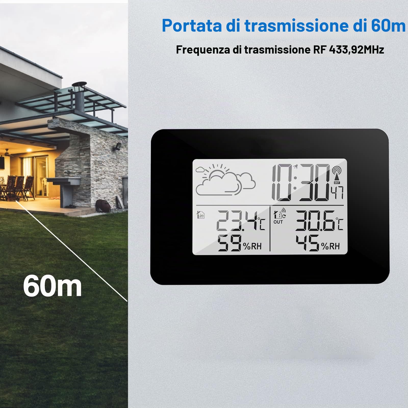 eMylo Stazione Meteo Radio con sensore Esterno, Termometro Digitale LCD Ambiente Interno Esterno - Igrometro Umidità con Retroilluminazione e Previsioni Meteo per Casa Camera da letto Giardino