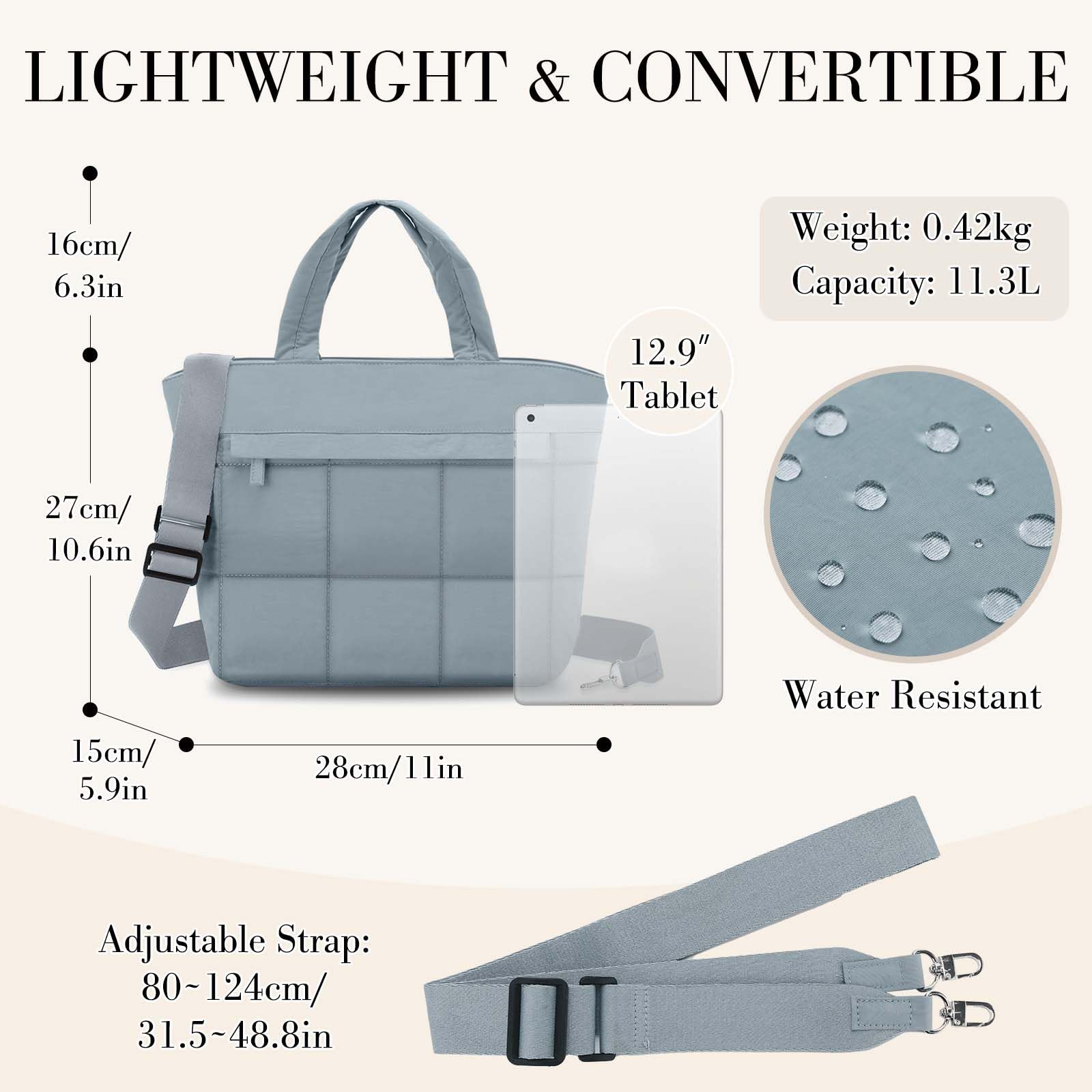 VASCHY Petit Cabas Femme, Léger Multi-poches Sac Bandoulière Femme Matelassé 12,9 Pouces Sac Fourre Tout Sac a Main Tote Bag Fille avec Bandoulière Amovible pour Travail Sport Voyage