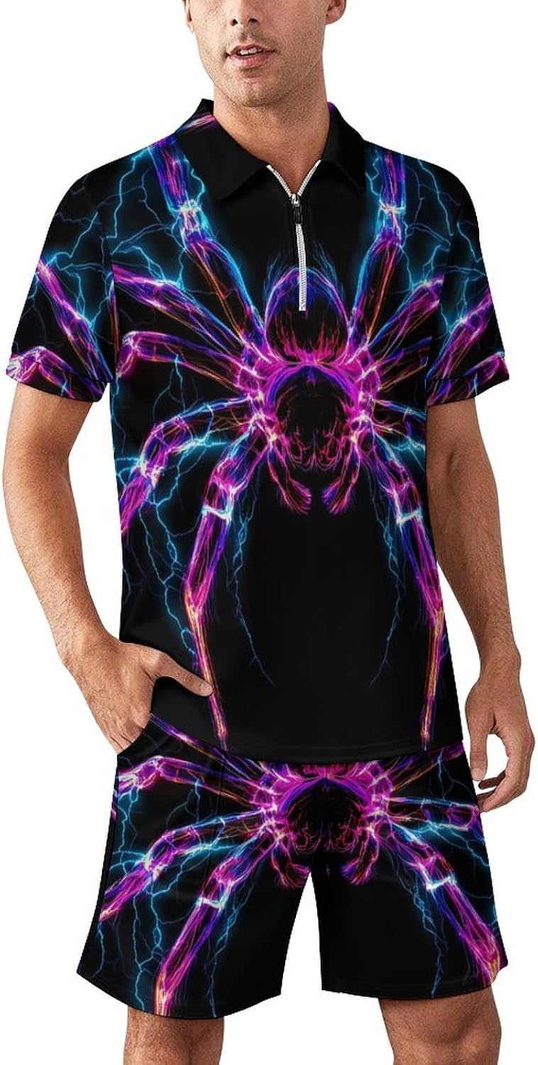 Spider Thunder Mens Polo Shirts Track Suits 2 Piece Short Sleeve Sweatsuit 1/4 Zip Golf Loungewear for Sports