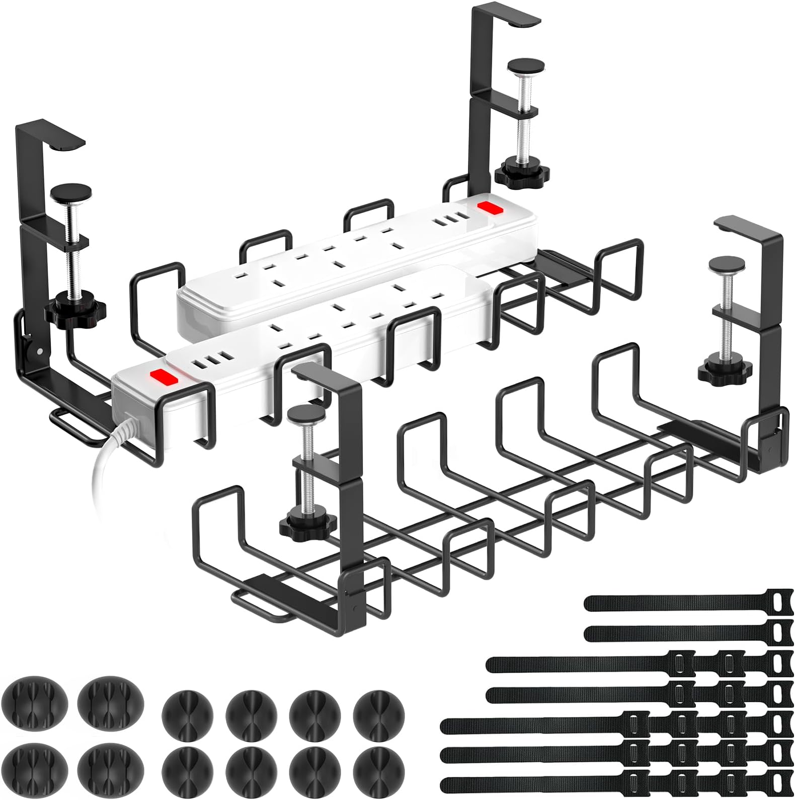 Under Desk Cable Management Kit, Metal Cable Organizer, Black, 2 Pack