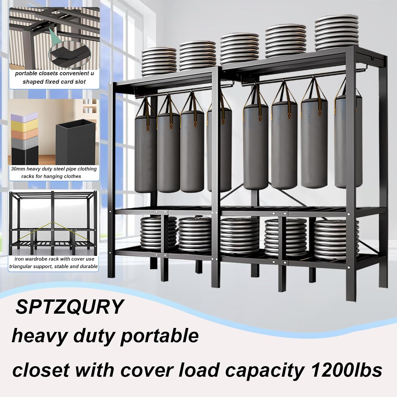 66.1in Heavy Duty Foldable Wardrobe with Cover, Portable Closets for Hanging Clothes, Load 1200lbs, Large Capacity Freestanding Armoires Portables Storage Covered Garment Racks (grey, 66.1in/168cm)