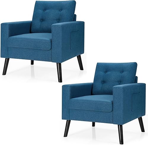 Miniatura 22 de KOMFOTT Silla decorativa tapizada moderna, con botones y patas de madera de goma, sofá individual con bolsillos laterales, sillón decorativo de tela