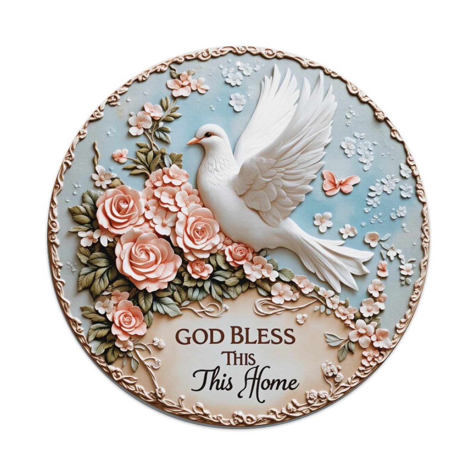 Dove Roses Flowers Butterflies Peace Round Tin Sign Retro Metal Sign for Cafe Bar Pub Home Game Room Gym Club Wall Decoration Vintage Metal Poster 8x8 Inch