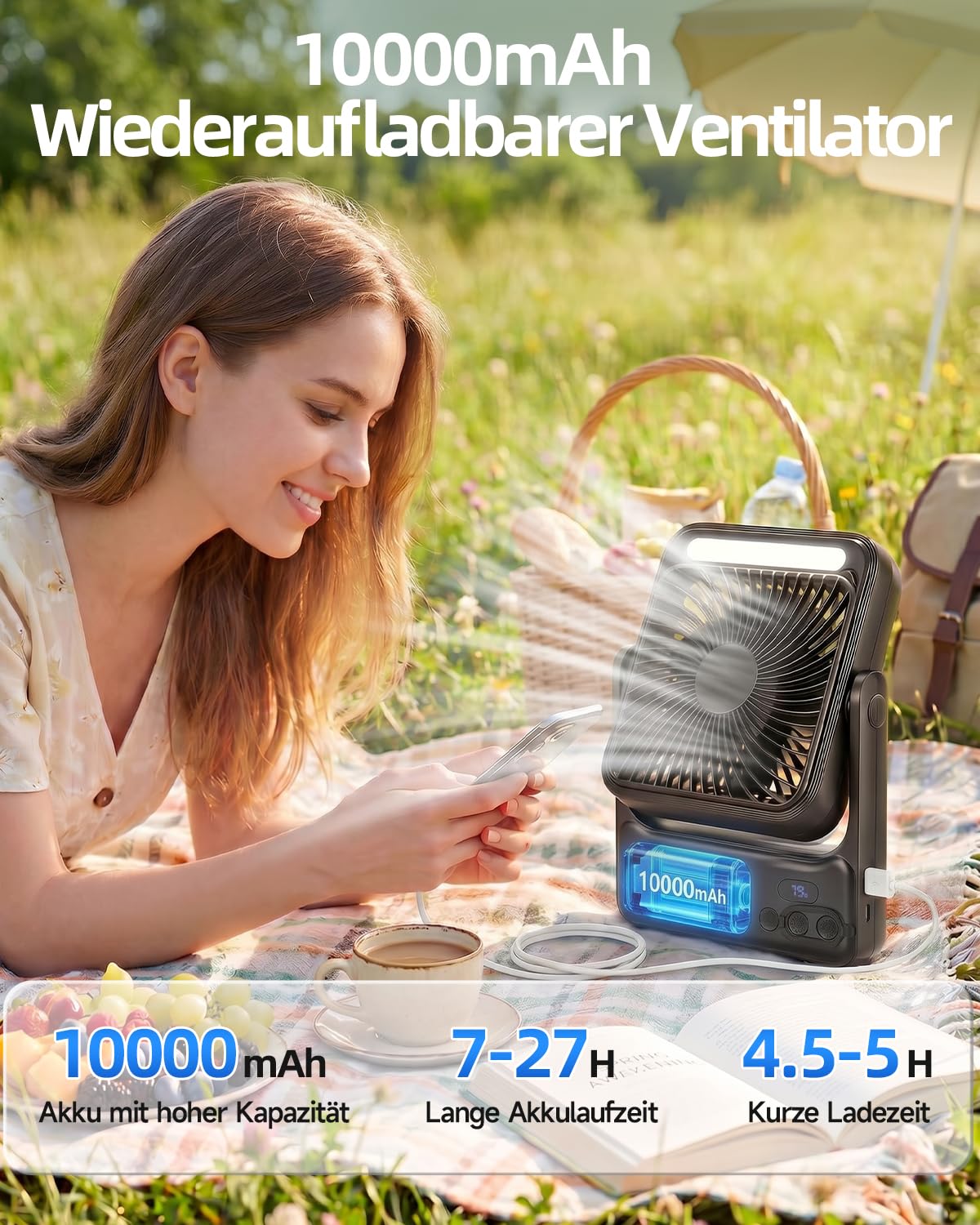 WOWDSGN Ventilator Akku 10000mAh mit Starkem 𝐌𝐚𝐠𝐧𝐞𝐭𝐟𝐮ß, Tischventilator USB mit LED-Nachtlicht & Haken, Powerbank-Funktion, 8-Stunden Timer, für Camping, Wohnmobil, Schlafzimmer, Reisen