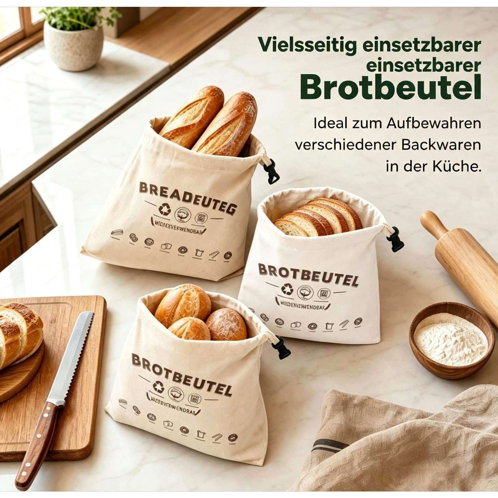 Bienenwachsbeutel, Wiederverwendbare Brotbeutel Aus Baumwolle, Zur Frischhaltung Von Brot Und Backwaren (Weiß,2pcs)