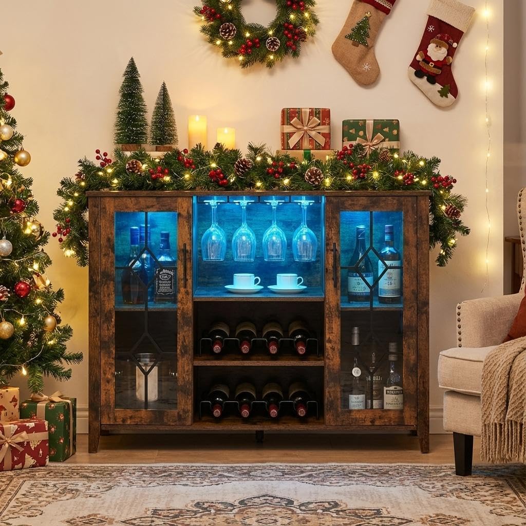 GarveeLife Bar Cabinet with Led Light Glass Door, Liquor Cabinet with Wine Rack & Glass Rack, Coffee Bar Table with Storage & Adjustable Shelves for Home, 47.2" w*15.7" d*34.6" h, Rustic Brown