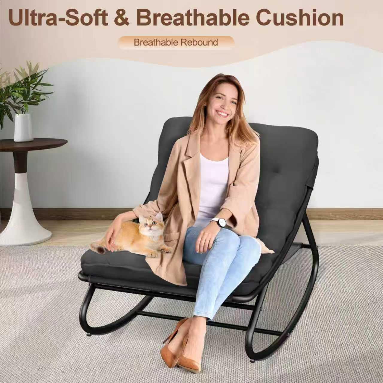 Schaukelstuhl mit Hocker Innen,Loungesessel Outdoor,XXL Schaukelsessel Relaxstuhl, Schaukelstuhl Wohnzimmer, Relaxstuhl mit Gepolstertem Kissen bis 150kg Belastbar, Schaukelliege für Balkon(Grau-yao)
