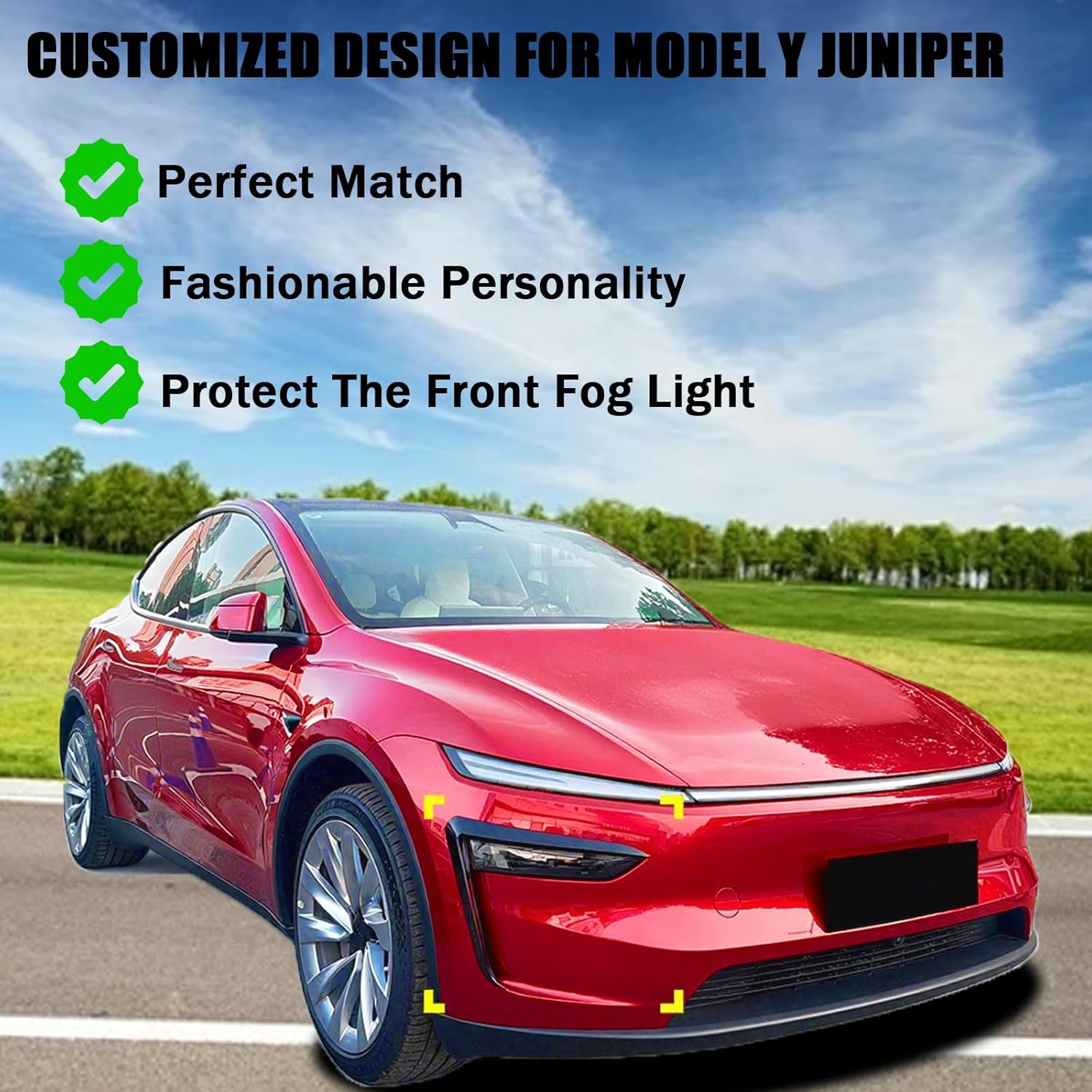 ‌Front Fog Light Trim Cover for Tesla Model Y Juniper 2025-2026 - 2PCS Glossy Black Fog Lamp Eyebrow Eyelids Cover Frame Blade Trim - Spoiler Accessories Custom Fit for Model Y Juniper