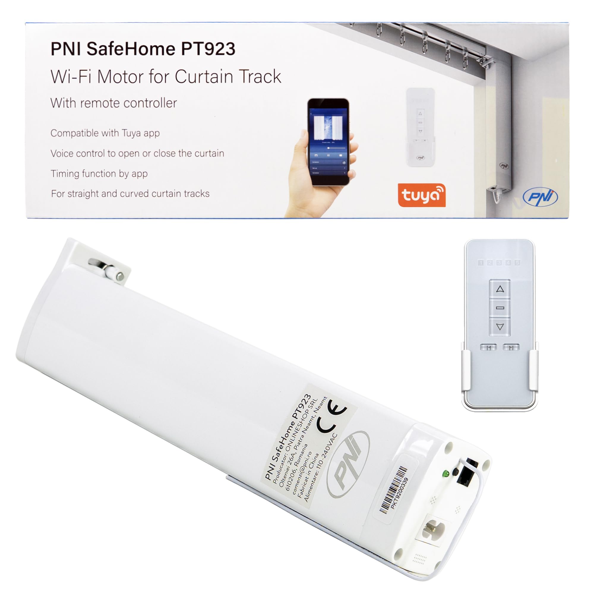 Motore per tende intelligenti, tende PNI SafeHome PT923, WiFi, con telecomando incluso, controllato con l'app Tuya Smart