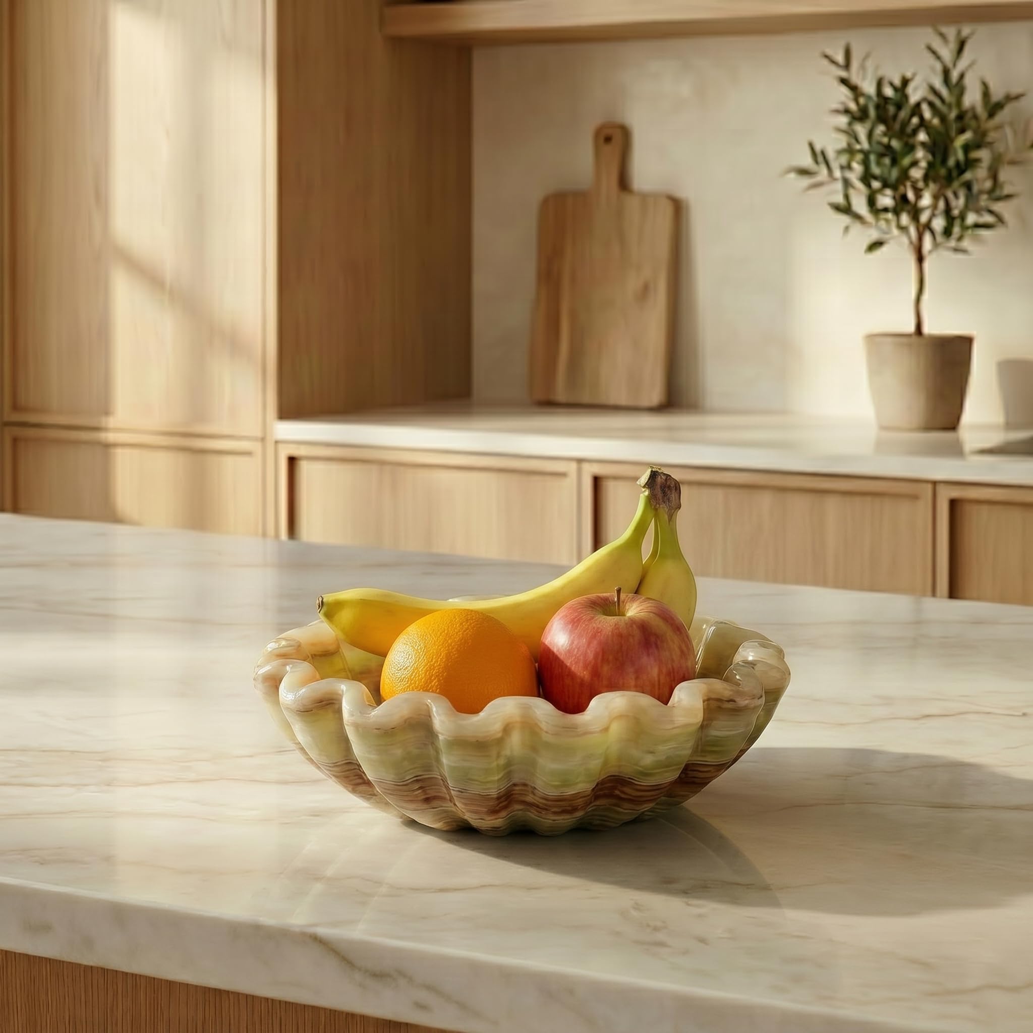 SPESHSTONES Cuenco decorativo de mármol de ónix verde de 8 pulgadas, hecho a mano, cuenco festoneado con volantes para encimera de cocina, centro de mesa de comedor y cuenco para llaves de entrada
