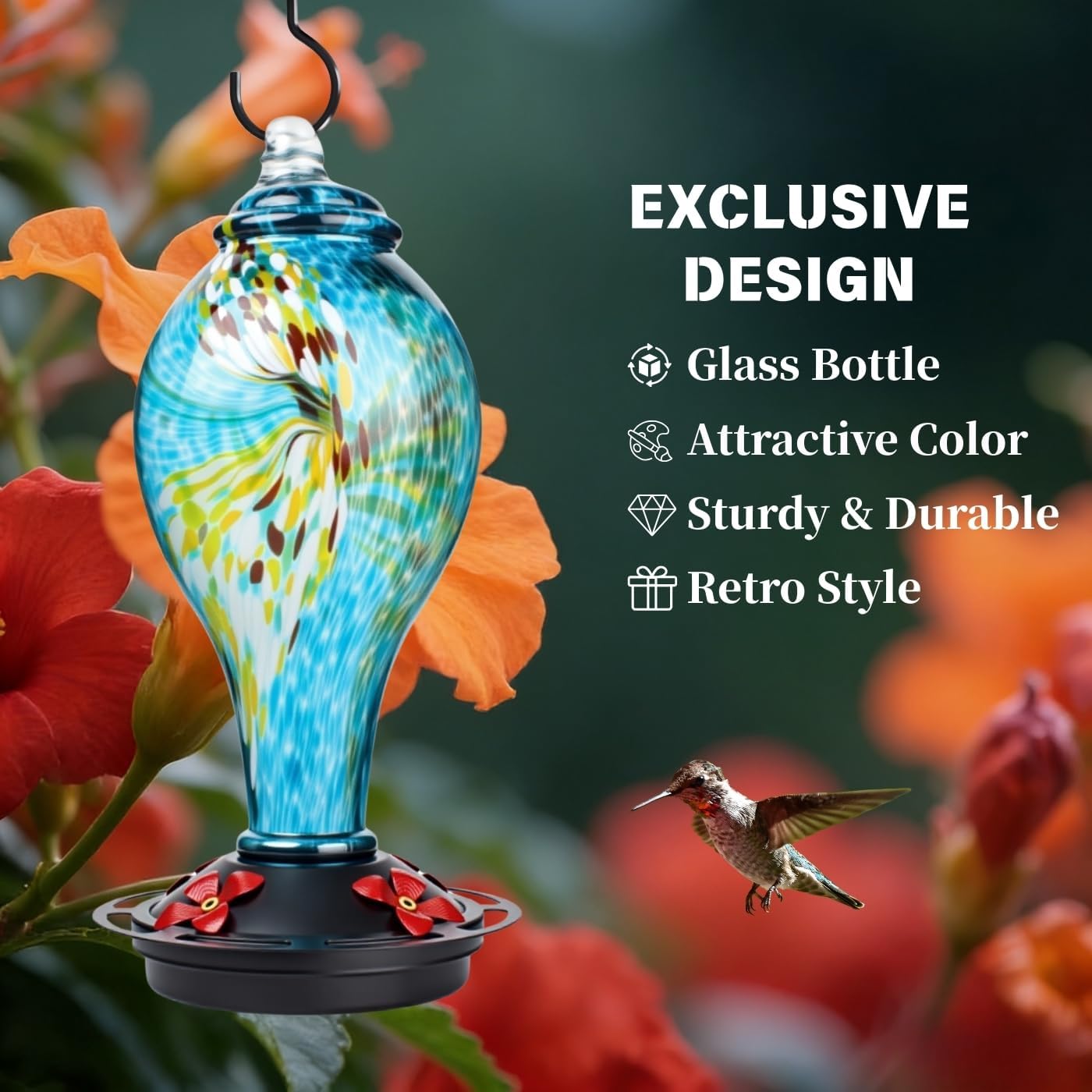 Clock Shaped Hummingbird Feeder for Outdoors, Hand Blown Glass Hummingbird Feeders for Outdoors Hanging with 4 Feeding Ports, Leak-Proof Bird Feeder- Garden Decor Gifts for Women(Blue)
