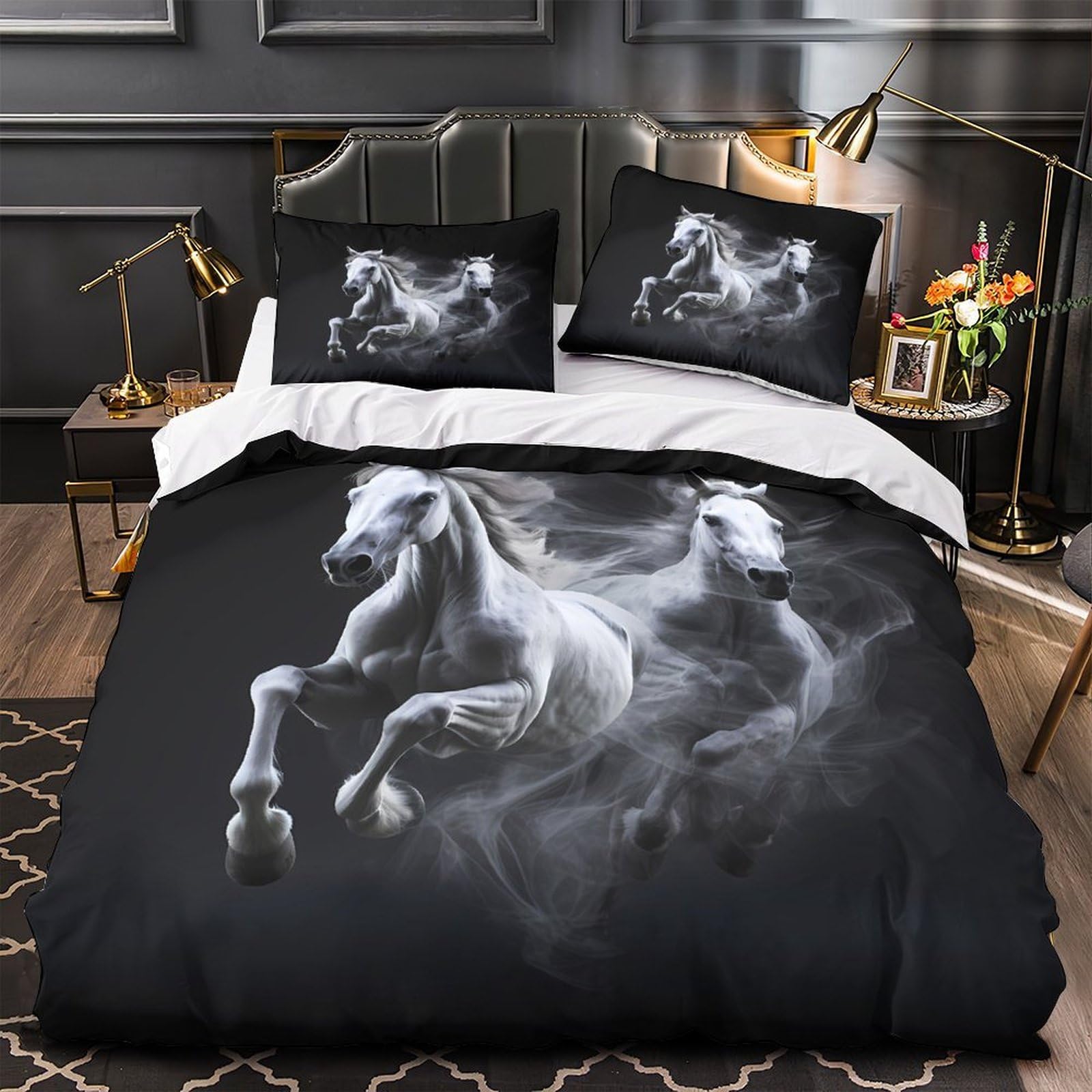 Housse de couette cheval blanc 140x200 parure lit microfibre pour garçons