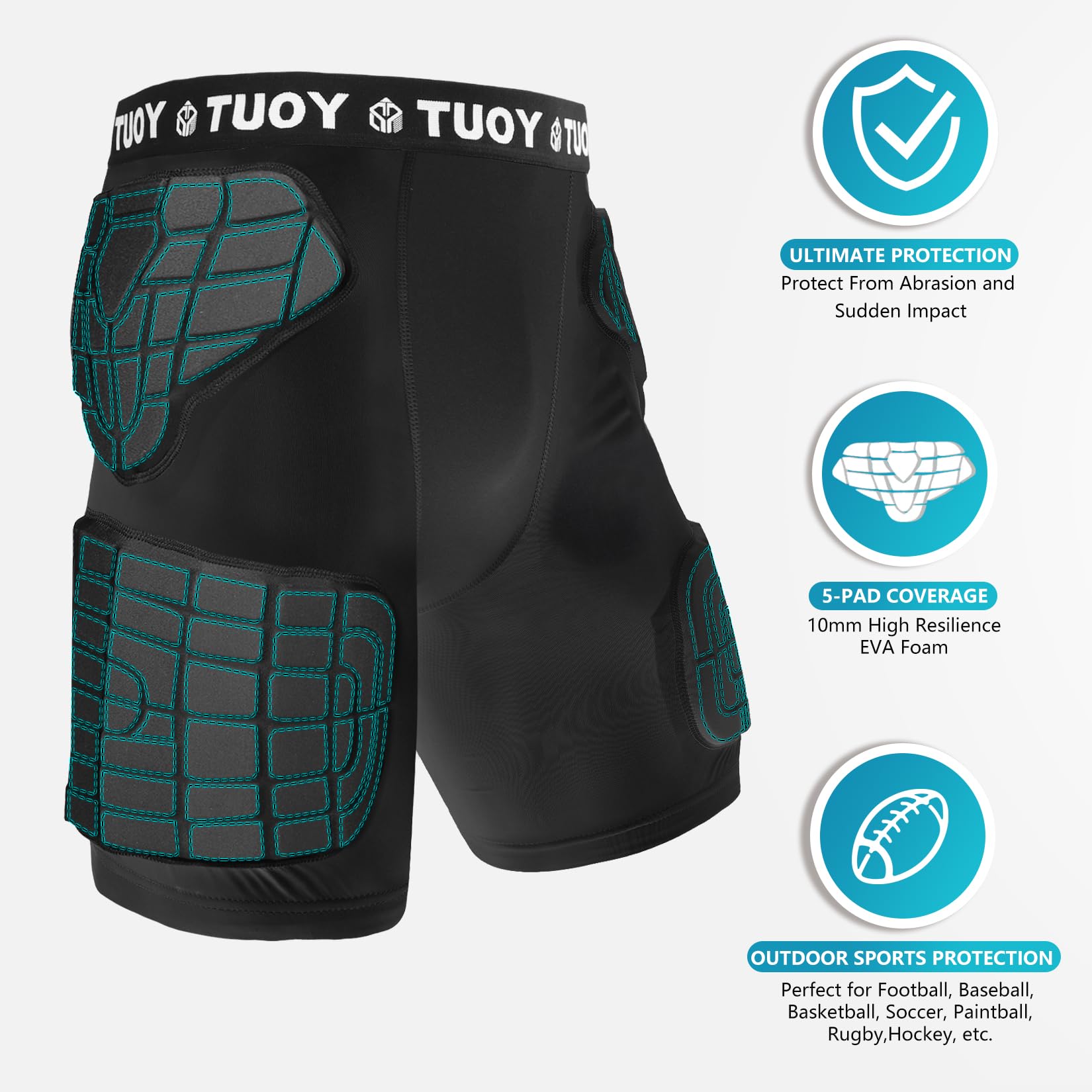 TUOY Gepolsterte Kompressions-Shorts, gepolsterter Fußballgürtel, Hüft- und Oberschenkelschutz für Fußball, Paintball, Basketball, Eislaufen, Rugby, Fußball, Hockey und alle anderen Kontaktsportarten