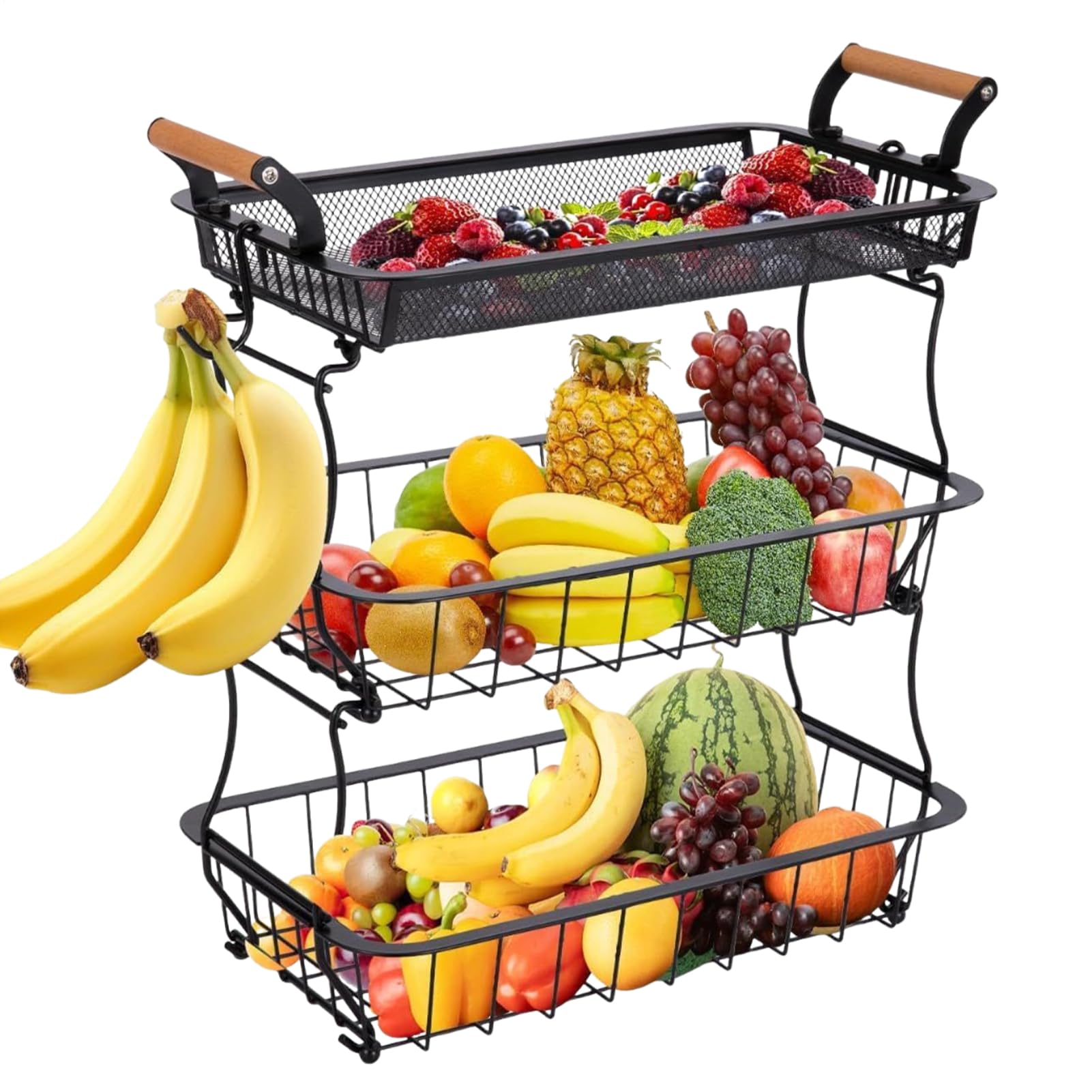 Organizador De 3 Niveles Para Frutas Y Verduras De Cocina | Cuenco De Alambre Metalico Con Ganchos Para Plátanos Para Organizacion Y Almacenamiento De Accesorios De