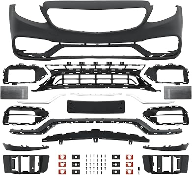 PENSUN Front Bumper Cover Kit Fit for Mercedes Benz C-Class W205 2015-2018, Not Fit C63 AMG, Black Front Bumper Replacement without sensors holes