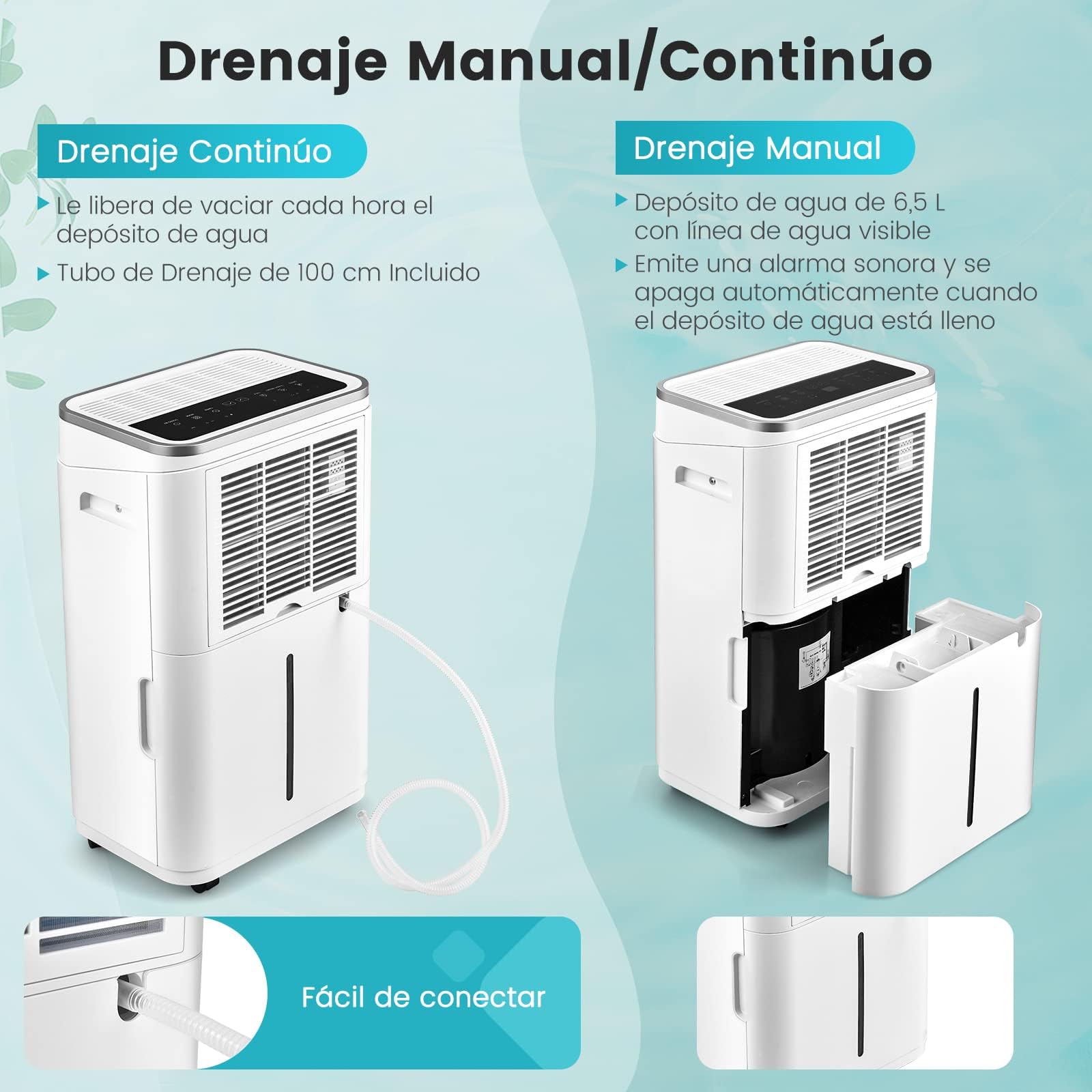 COSTWAY Deshumidificador 25L/Día, Depósito 6,5 L, hasta 30㎡, Temporizador 24 Horas, Pantalla LED, Depósito Extraíble y Desagüe Automático o Manual,Seca Ropa, Dry Compact 3 Modos