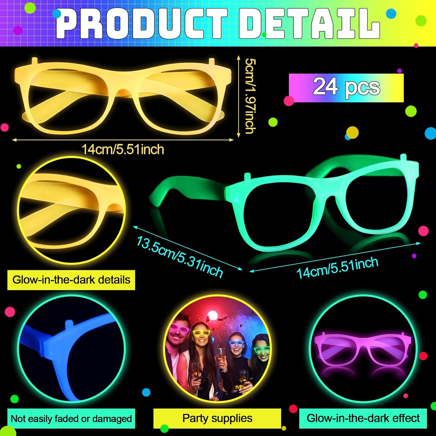 Glow in the Dark Glasses Neon Glasses UV Reactive Black Light Eyewear Glow Bulk Party Supplies for Neon Birthday Wedding Party Concert New Year Carnivals Raves Decorations