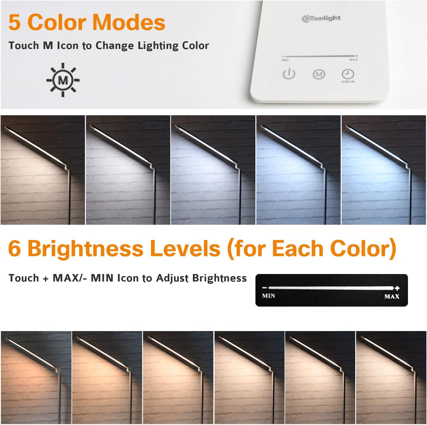 CeSunlight Desk Lamp, Desk Light, Dimmable Table Lamp, 7W, 5 Color Modes, 6 Brightness Levels, Touch Control, Memory Function, LED Foldable Led Lamp for Reading, Working, Office, Study (Silver)