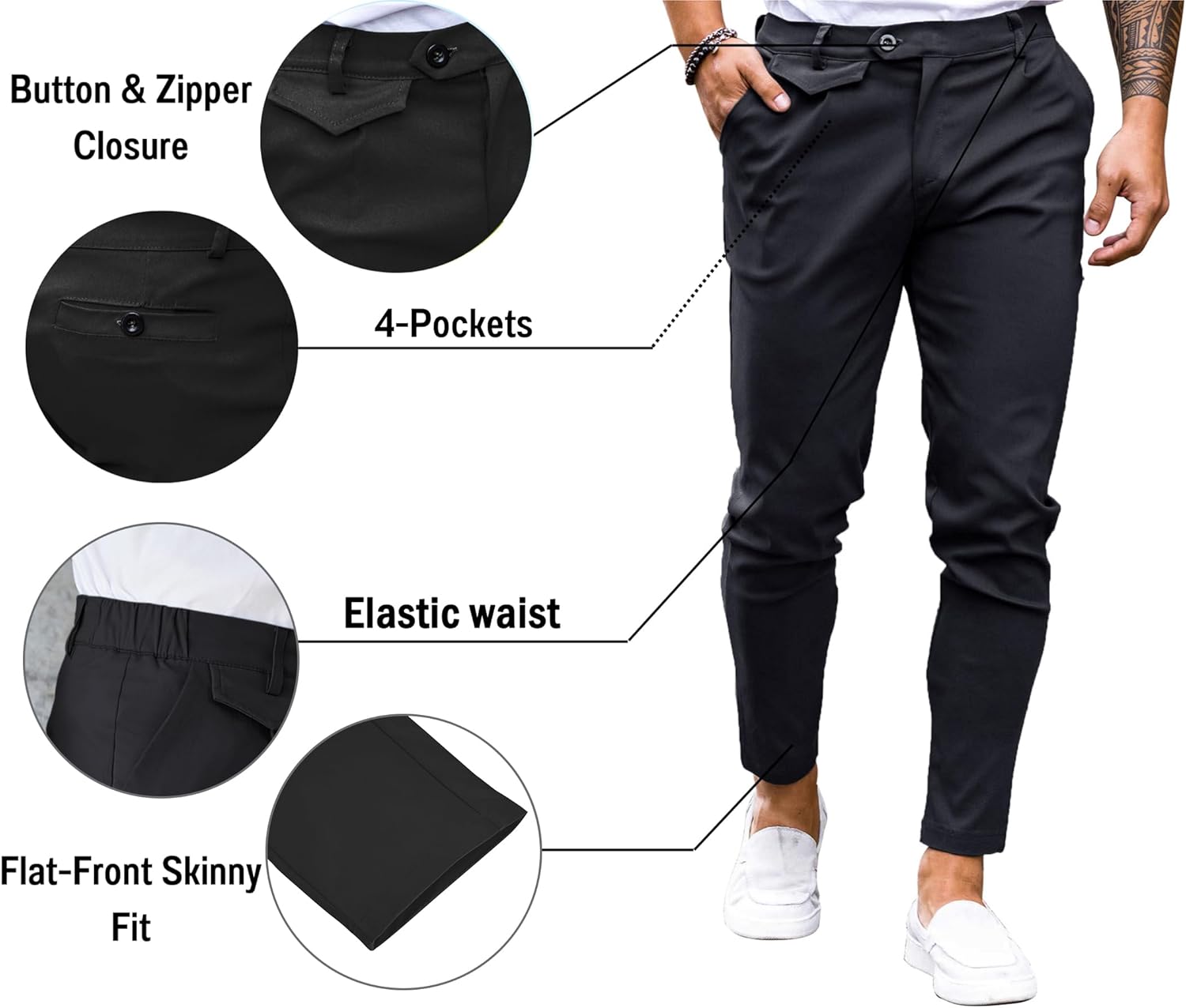 Mens Chinos Slim Fit Pants Flat Front Stretch Skinny Tapered Dress Pants Comfort Casual Solid Trousers - Image 4