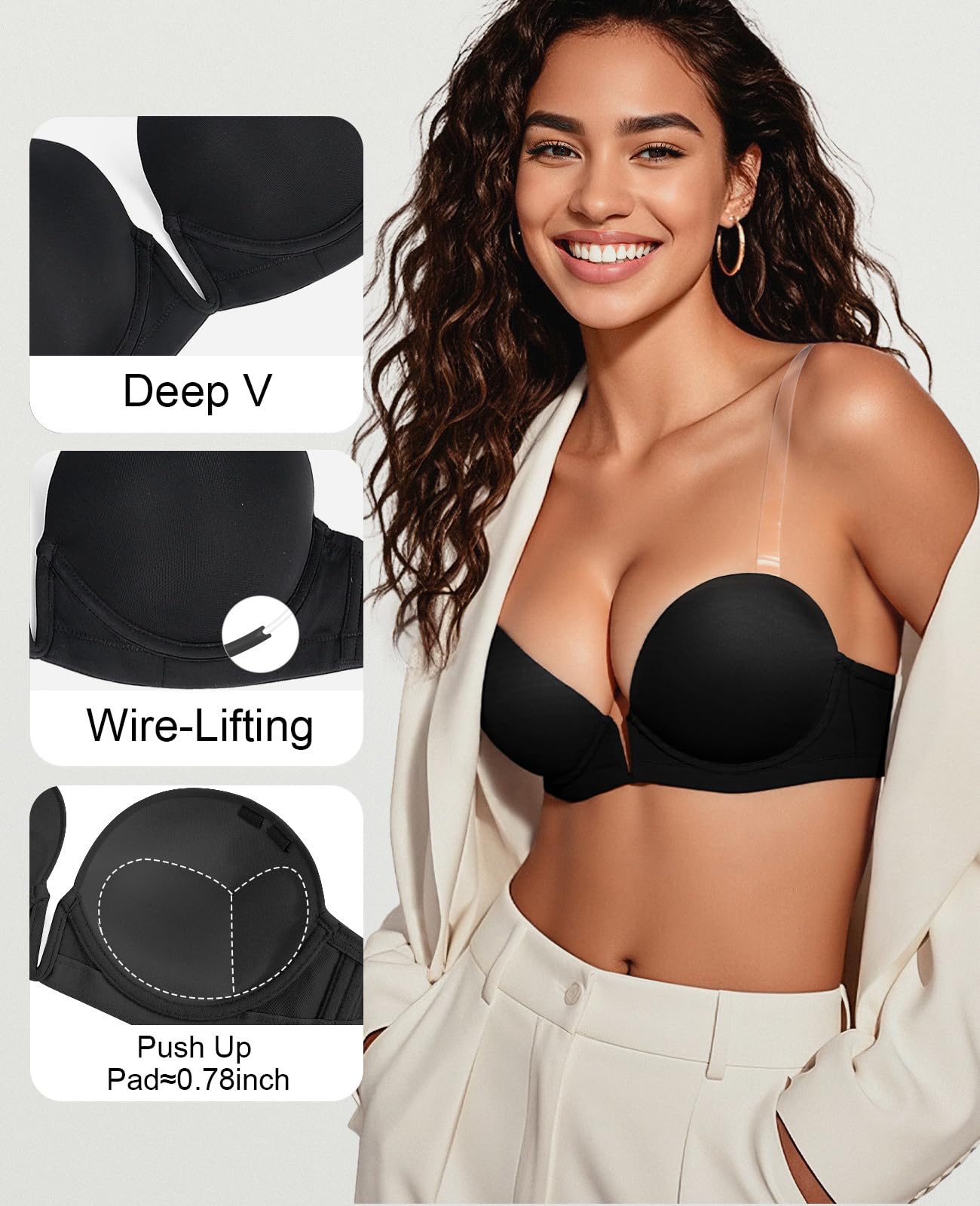 Upushall Reggiseno senza schienale con spalline trasparenti e schiena profonda imbottita push-up taglio basso con ferretto per le donne
