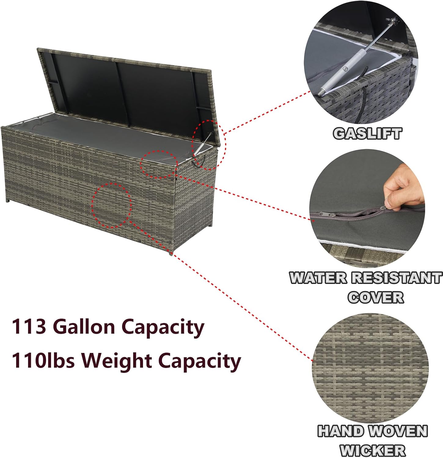 CHUNLY 113 Gallon Outdoor Waterproof Large Wicker Deck Box with Lids Indoor Storage Bench Storage Cabinet for Patio Furniture Cushions, Packages, Pillows and Garden Tools, Gray