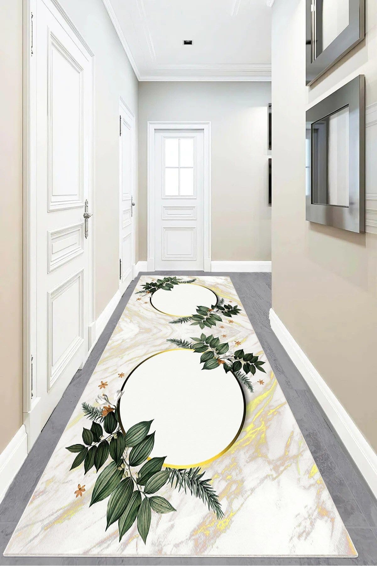 Pelangi Mermer Desenli Yapraklı Dijital Baskı Yıkanabilir Kaymaz Taban Modern Salon Halısı ve Yolluk, Ekru-Yeşil 100 x 500, 95546631005007