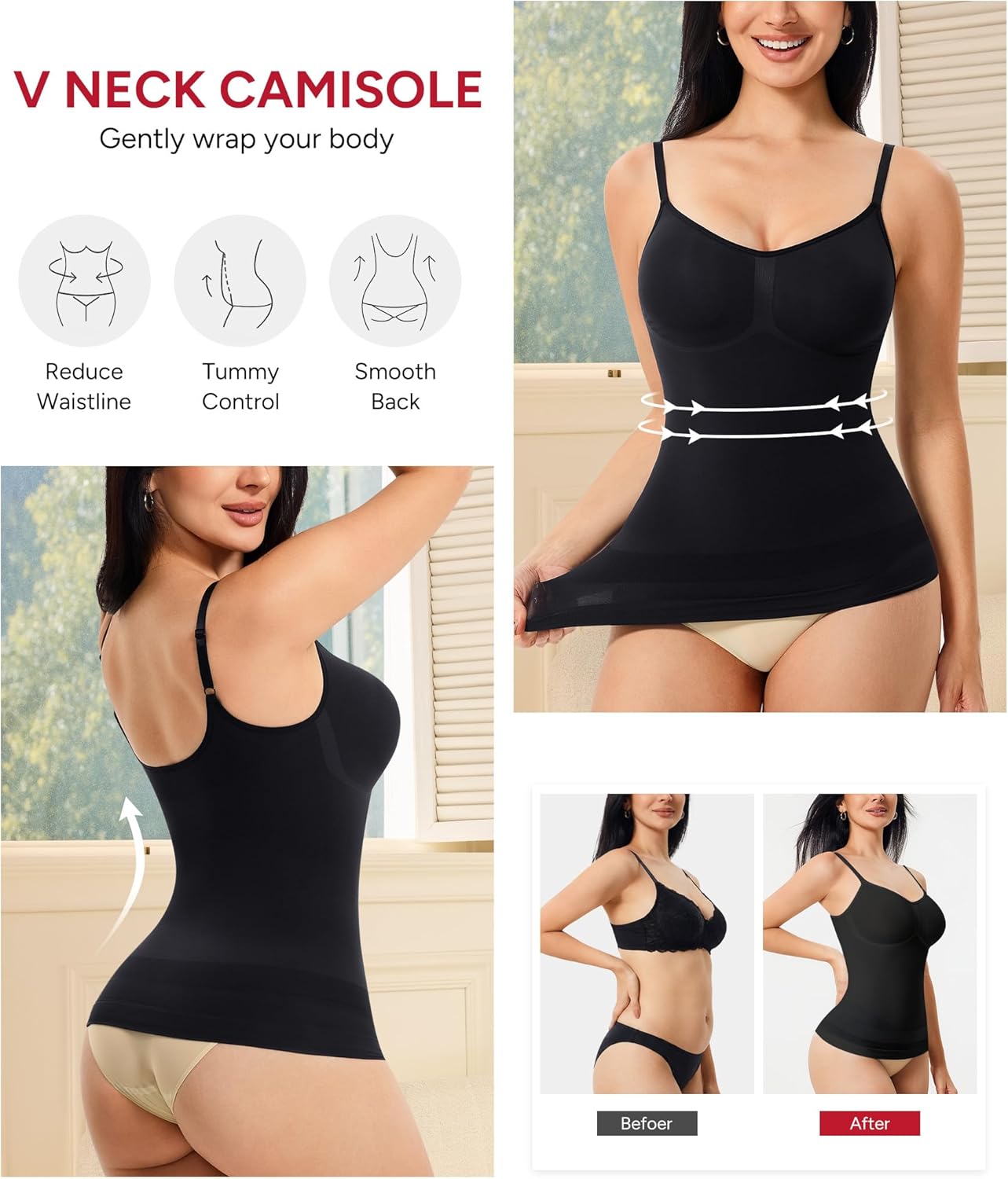 Nebility Compression Tanks for Women Shapewear Tank Top Tummy Control Body Shaper V Neck Camisole - Image 3