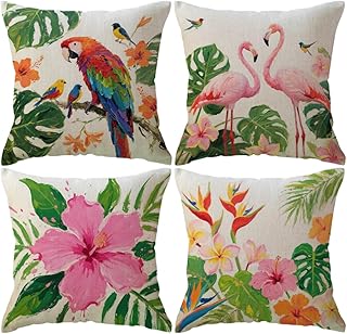 ULOVE LOVE YOURSELF 4pack Throw Pillow Covers Tropical Leaves & Flowers with Parrot Flamingo Bird Pattern Home Decorative Cushion Covers 18”×18” Pillowcase (Pink/Green)