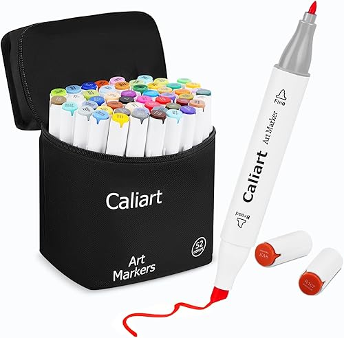 Caliart Marcadores a base de alcohol, juego de 52 colores de marcadores artísticos de doble punta fina y cincel, bolígrafos de colores permanentes