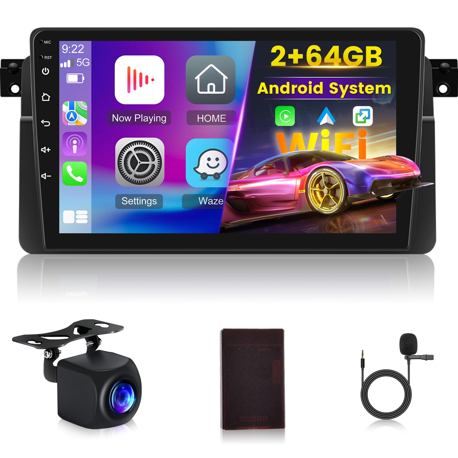 [2+64G] Android Radio de Coche para BMW E46 Series 3 1999-2005 con Inalámbrico Carplay & Android Auto - Radio con Pantalla Táctil de 9 Pulgadas con WiFi DSP FM/RDS Radio SWC + Cámara de Seguridad AHD