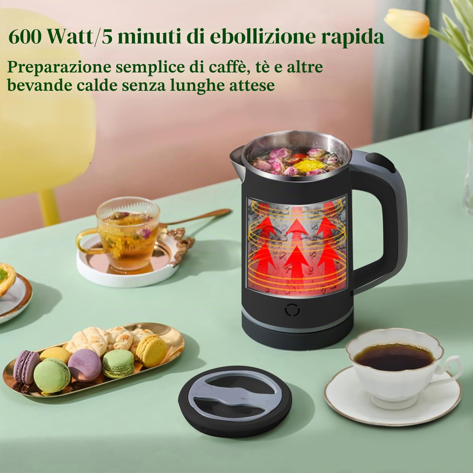 Bollitore elettrico in acciaio inox, da campeggio, mini bollitore da viaggio per 0,8 l, 600 W, protezione dal surriscaldamento, funzione di cottura a pressione, silenzioso (nero)