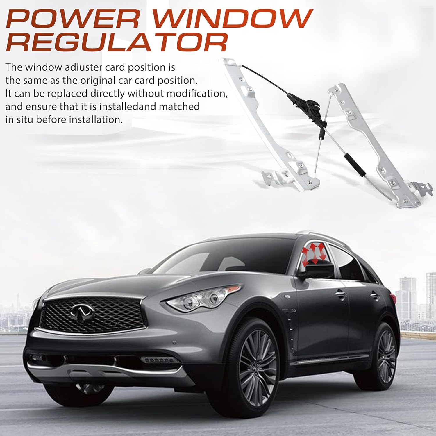 Front Left Driver Side Power Window Regulator Without Motor Compatible for 2009-2012 Infiniti FX35, 2013 FX37, 2009-2012 FX50, 2014-2017 QX70, Replacement 80721-1CA0A, 80721-1CA0B, 80721-1CA0C