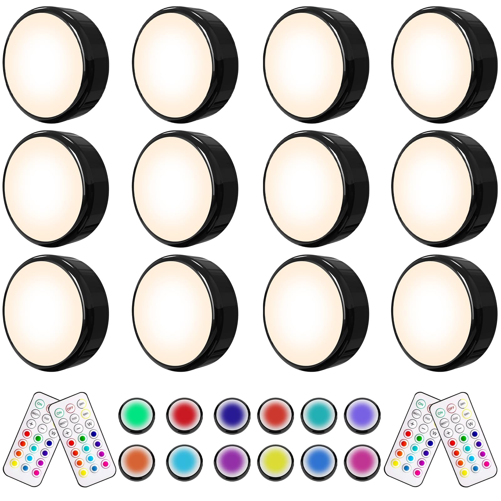 HELPLEX LED Puck Lights with Remote, 12 Pack Color Changing RGBW Stick-On Light, Battery Powered, Dimmable Under Cabinet Lighting with Timer & Memory,