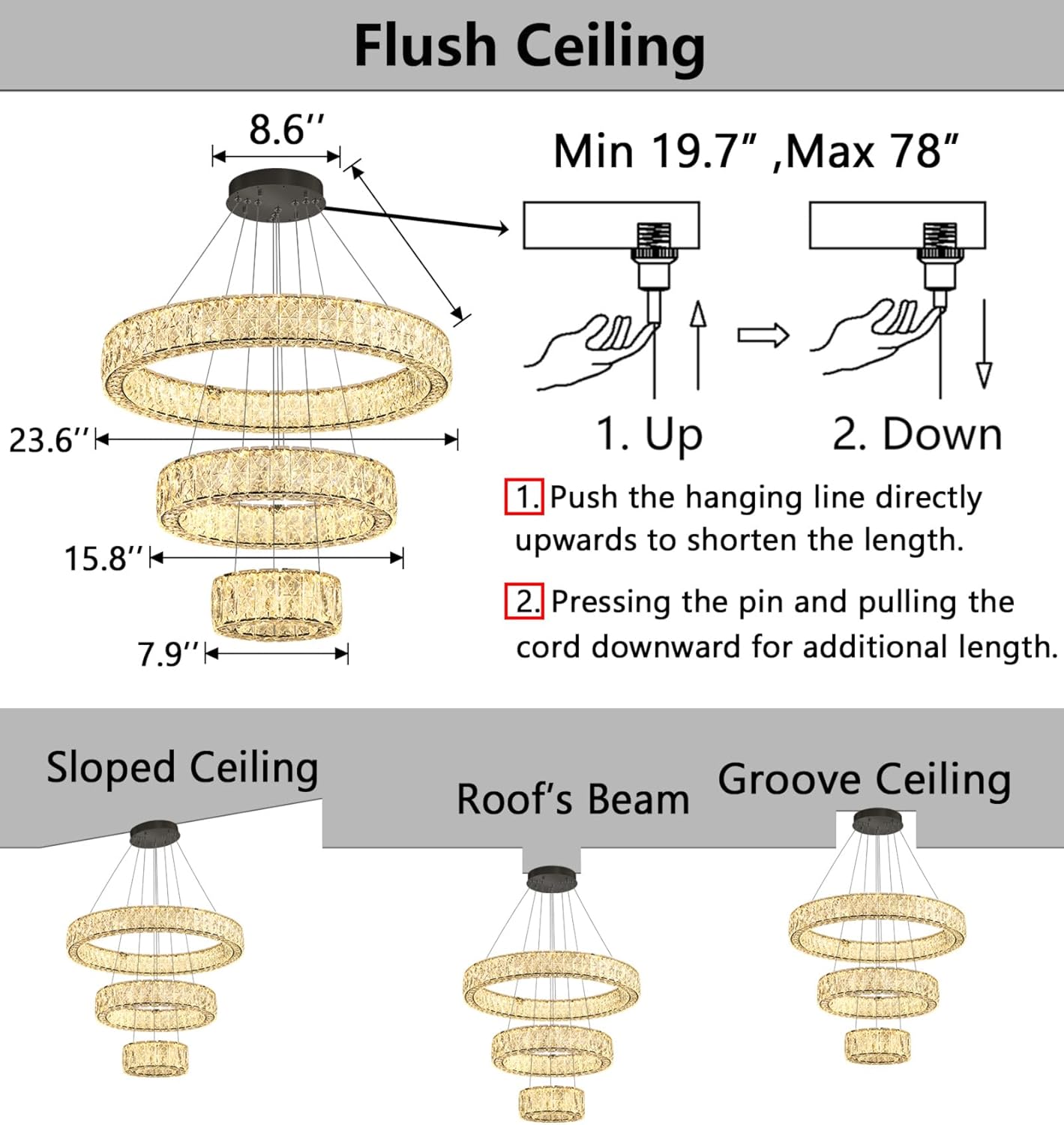 HAIXIANG Crystal LED Chandelier for Dining Room 40 Watt LEDs Light Fixtures Adjust Hanging Pendant Lights for Living Room Bedroom Chandeliers Ceiling Lighting Dimmable Black