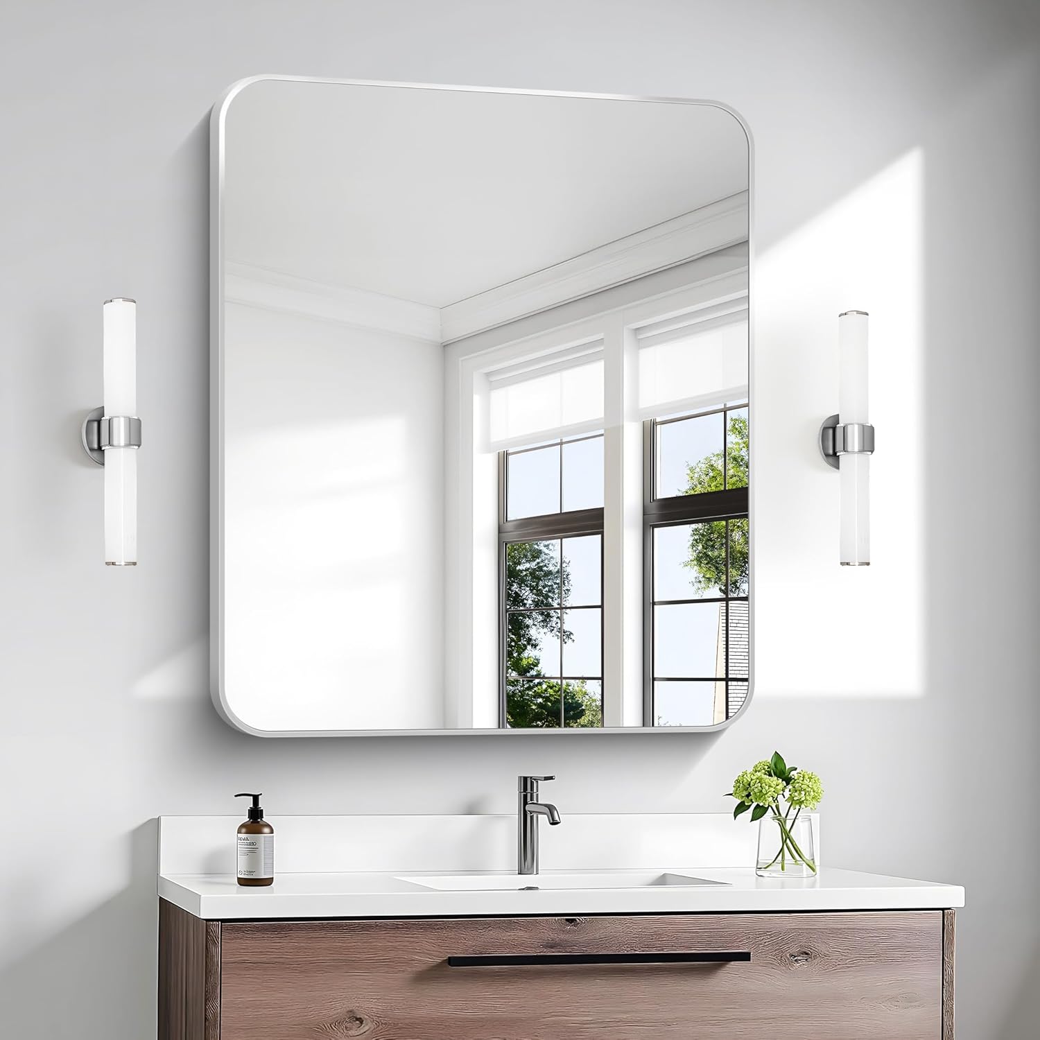 BONEWEI Silver Bathroom Mirror,30x36 inch Wall Mirror for Bathroom Wall Mounted,Rectangle Mirror for Bathroom Over Sink,Modern Frame Round Corner for Living Room,Bedroom Entryway,Horizontal/Vertical Silver 36"L x 30"W