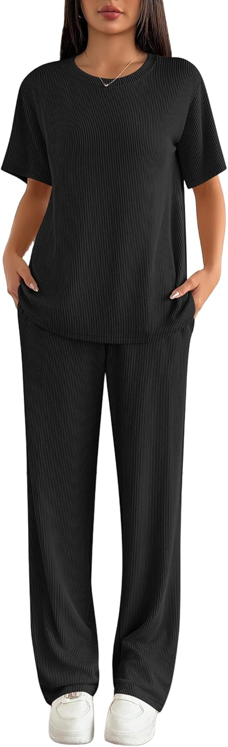 Ekouaer Lounge Sets for Women 2 Piece Matching Travel Outfits 2026 Loose Short Sleeve Top Wide Leg Pants Pockets - Image 3