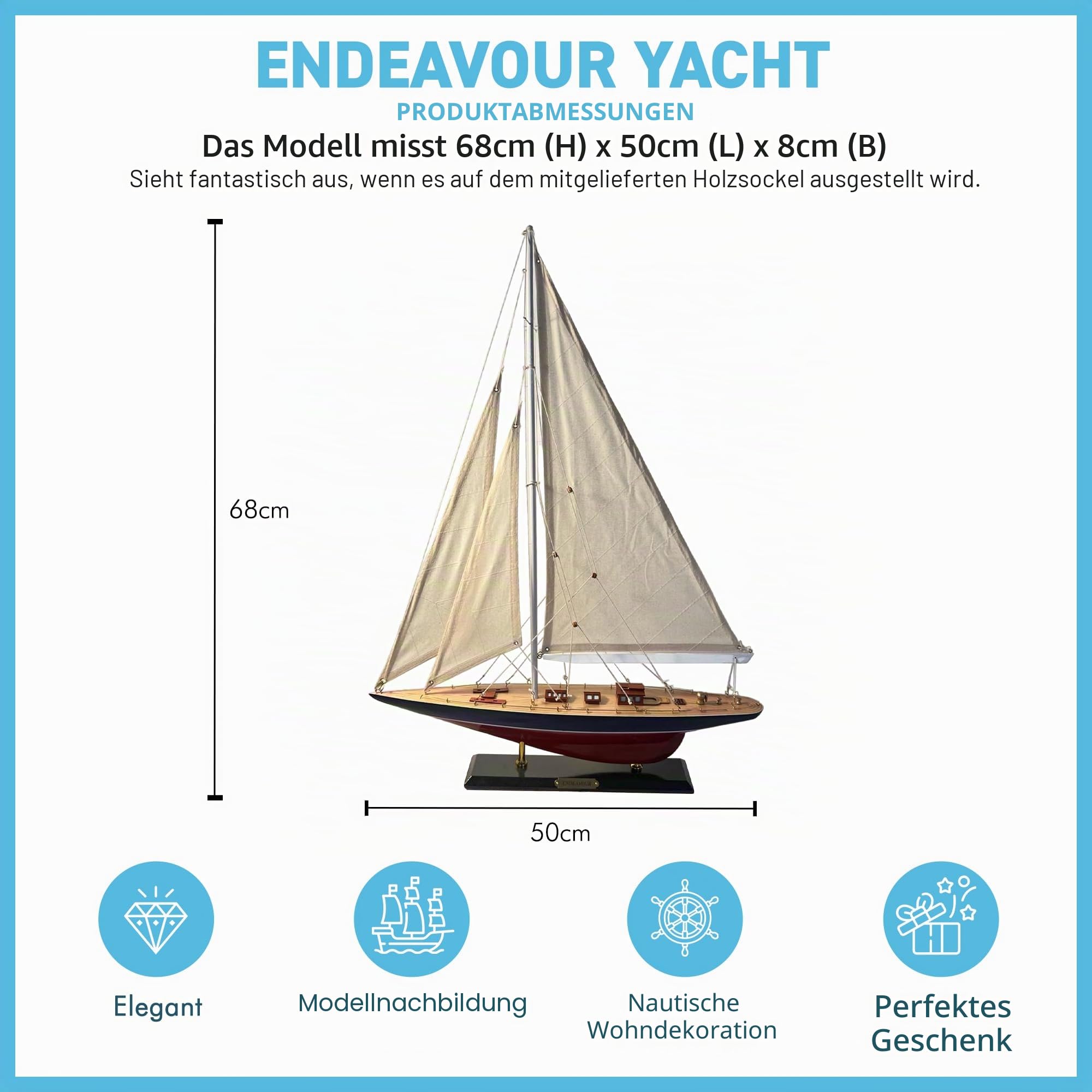 Detailliertes 50 cm langes Holzmodell Endeavour J Class Segelyacht | Americas Cup Racing Yacht | nautisches Ornament | Segelboot-Modell | Endeavour Segelschiffmodell | komplett montierter