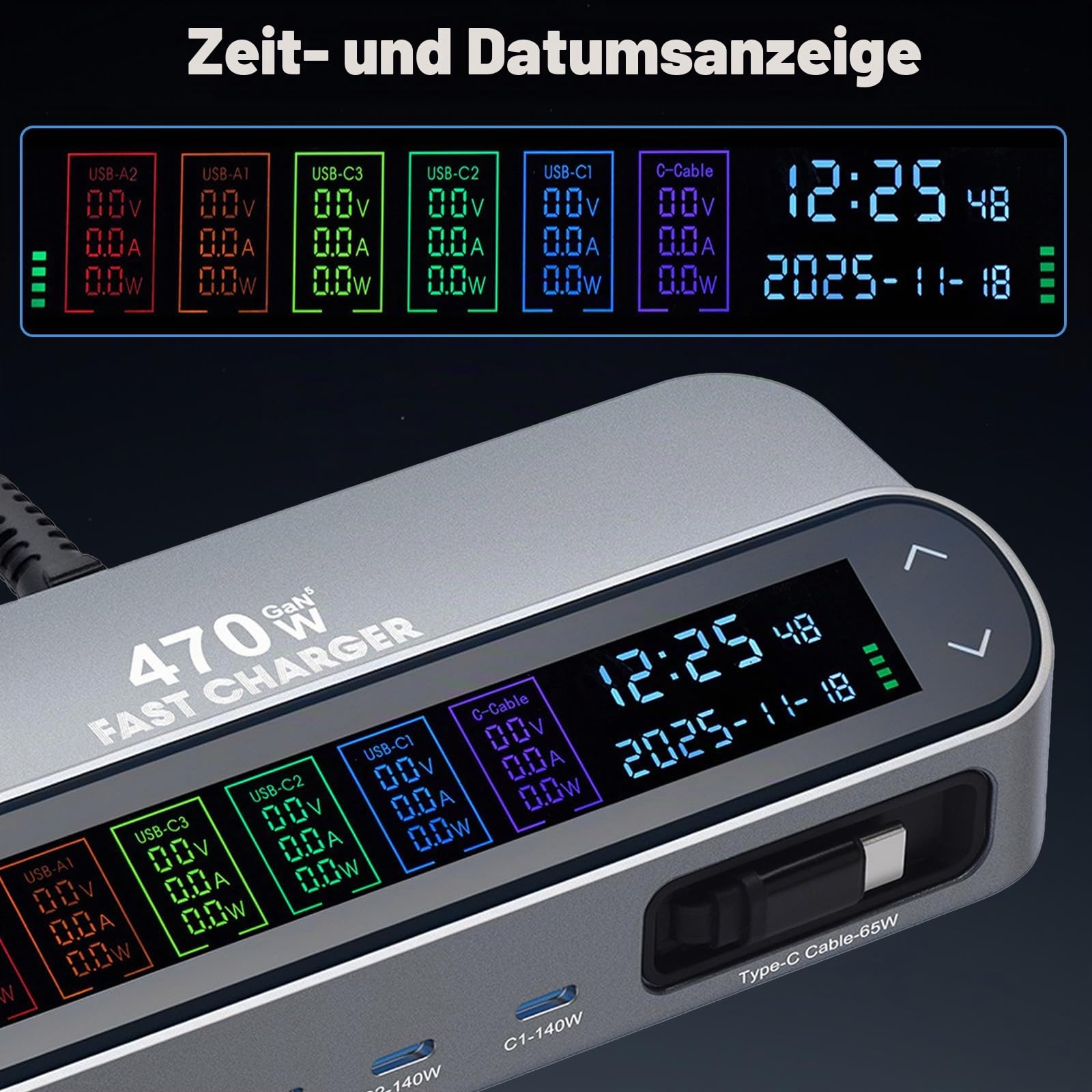 470W USB C Ladegerät Mehrfach, 6 Ports Schnellladegerät Ladestation, mit LCD-Display, mit 3×USB-C-Ports und 2×USB-A-Ports, für MacBook Pro/Air, iPhone 16/15/14, Galaxy, and More