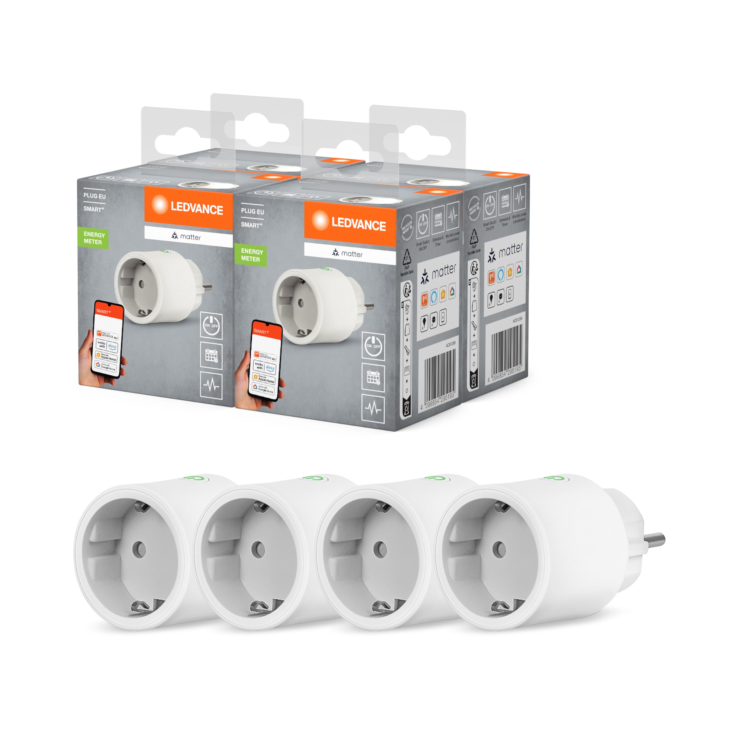 LEDVANCE LEDVANCE SMART+ Indoor Plug, Presa intelligente con Matter over WiFi, per l'integrazione di dispositivi tradizionali nella smart home, compatibile con Alexa, Google e Apple, bianco, confezione da 4