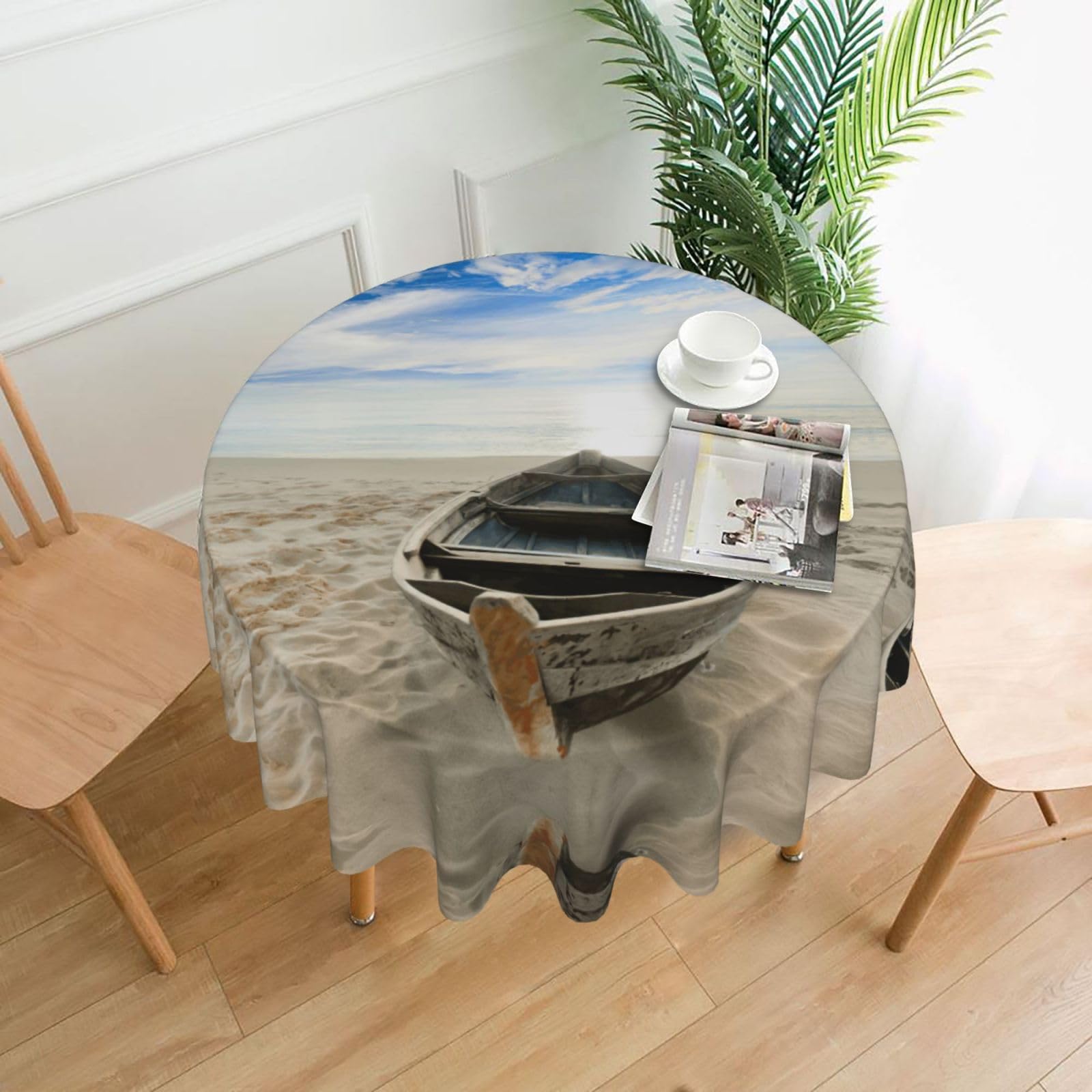 Zcmkjlg Boat Beach Sunrise Time Print Quick Ship Round Tablecloth 60in Polyester Washable Cover for Dining Room
