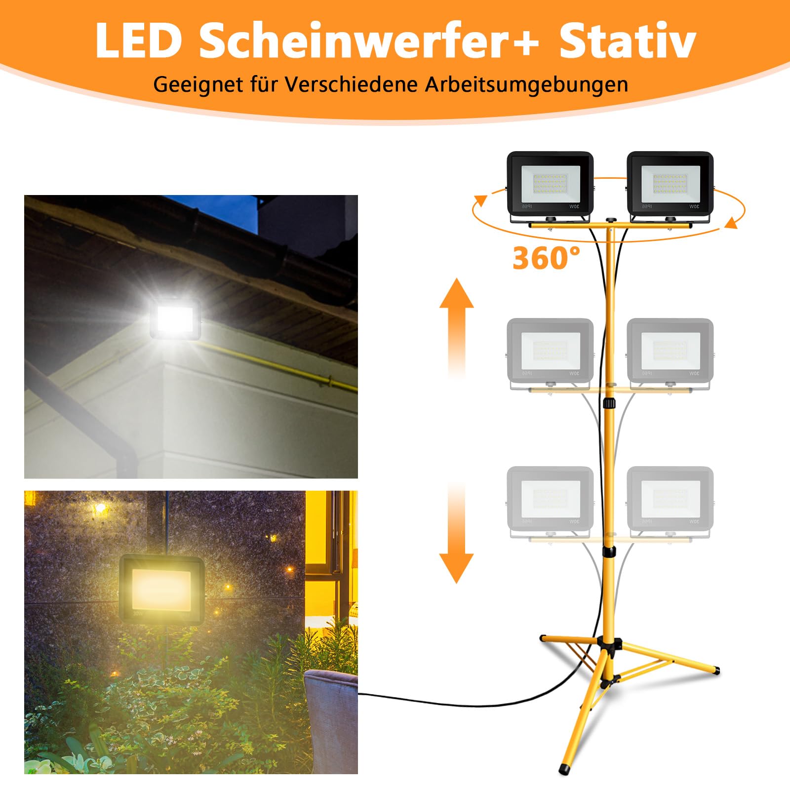 Faretto LED Da Cantiere Con Treppiede - 2x20W (1700 Lm), Luce Bianca Fredda 6000K, IP66 Impermeabile, Altezza Regolabile Da 80 A 160 Cm, Cavo 1m (Senza Spina)