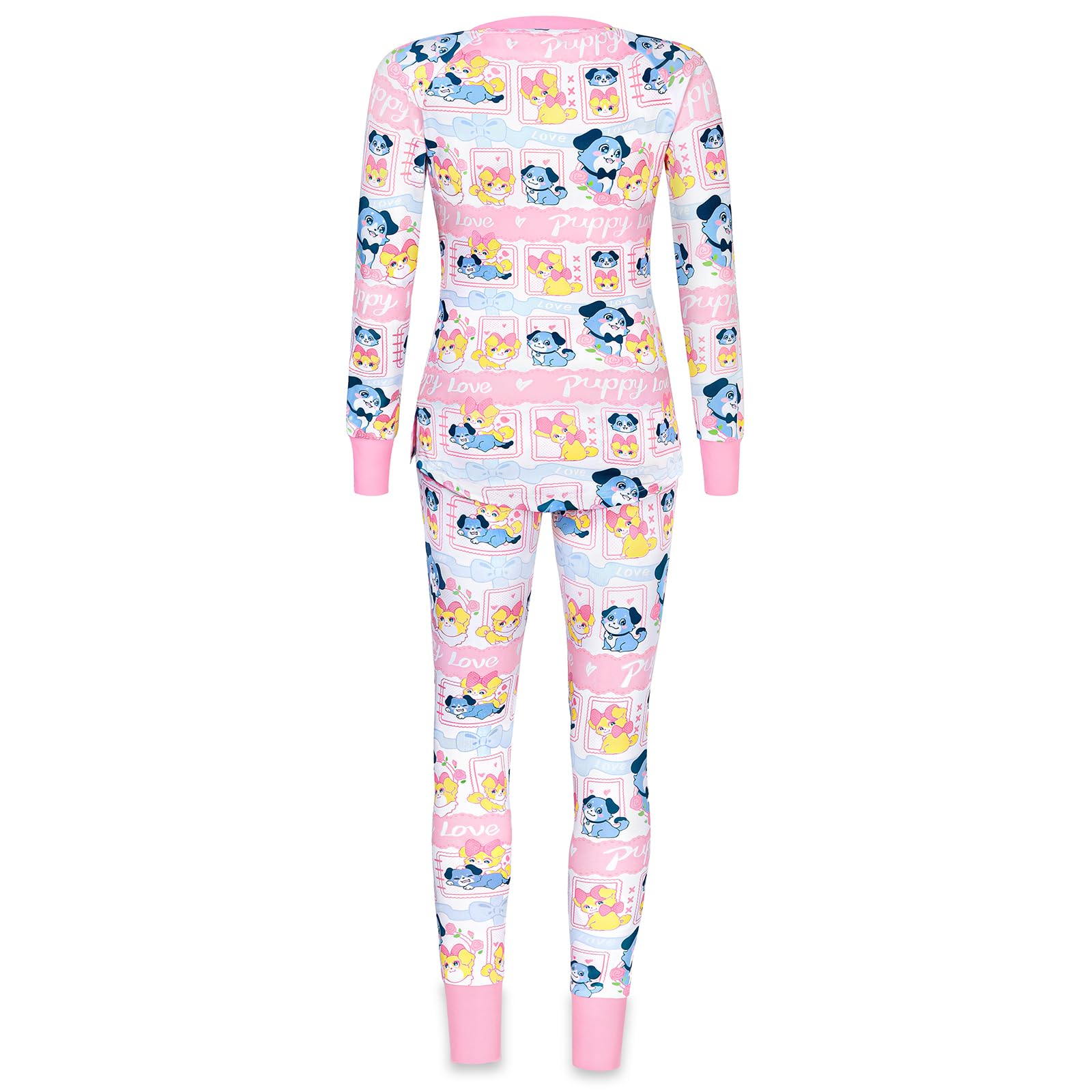 LittleForBig Conjunto de pijama de dos piezas para mujer, de manga larga, suave, transpirable, con texto en inglés "Puppy Love Little Blue"