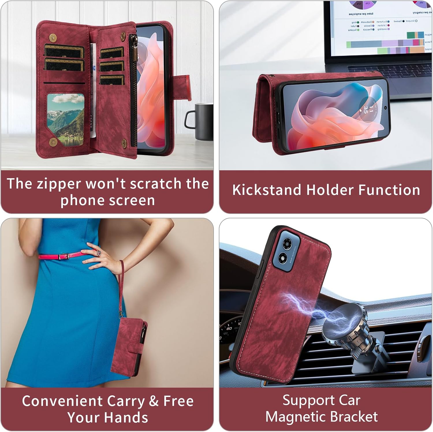 Asuwish Phone Case for Motorola Moto G Play 2024 4G Zipper Wallet Magnetic Cell Cover with Tempered Glass Screen Protector Crossbody Wrist Strap Flip Credit Card Holder Purse 64GB Women Girls Red