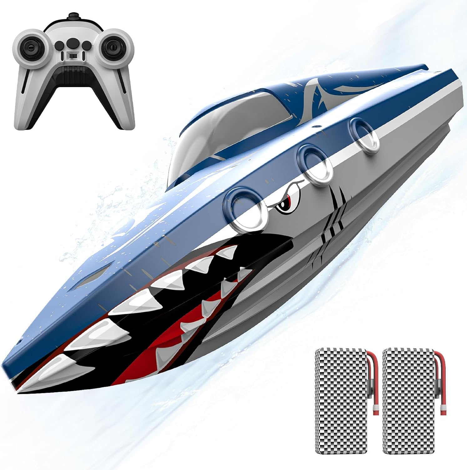 Shark RC Racing Boat for Kids & Adults,2.4GHz High Speed Remote Control Boat W/ Dual Battery 50 Min Runtime,Waterproof,Fast Remote Control Toy Gift Kids 8-12, Ideal for Pools & Lakes,Shining Blue