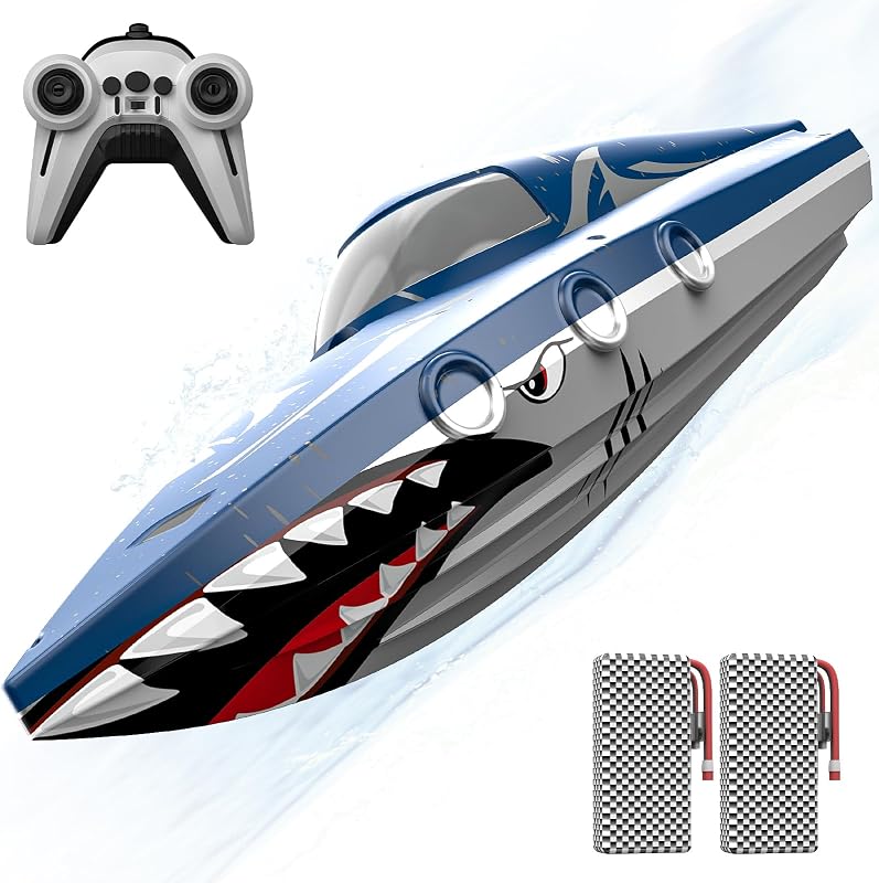 Shark RC Boats for Kids, 2.4GHz Remote Control Boat, Dual Batteries | 50-Minute Runtime, Waterproof Hull, Fast RC Water Toy for Kids Ages 8-12, Ideal for Pools & Lakes, Birthdays, and Summer Fun