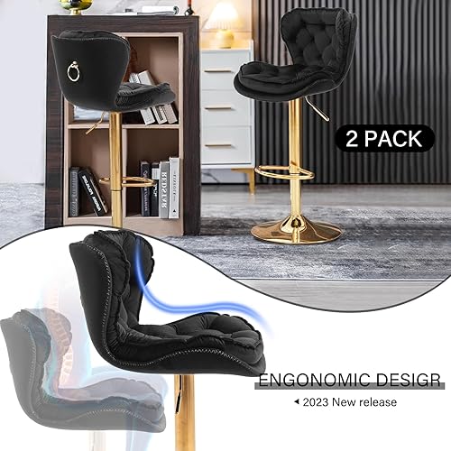 Miniatura 6 de Juego de 2 taburetes de bar giratorios de altura de mostrador con parte trasera tapizada de terciopelo, taburete ajustable, taburete de bar moderno