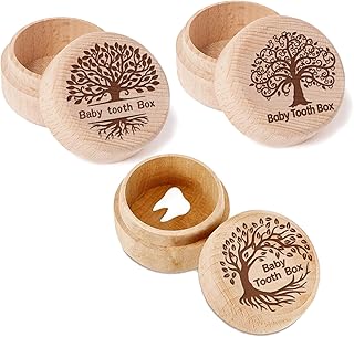 3 Pcs Tooth Box, Wooden Teeth Storage Box, Tooth Keepsake Box Tooth Fairy Boxes for Kids Boys Girls Tooth Containers Tooth Organizer, Baby Shower Presents Children's Birthday Gifts