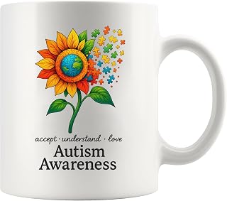 Panvola Autism Awareness Sunflower Autism Gifts Autistic Son Daughter Inspirational Motivational Gifts Novelty Drinkware Ceramic Mug 11 oz White