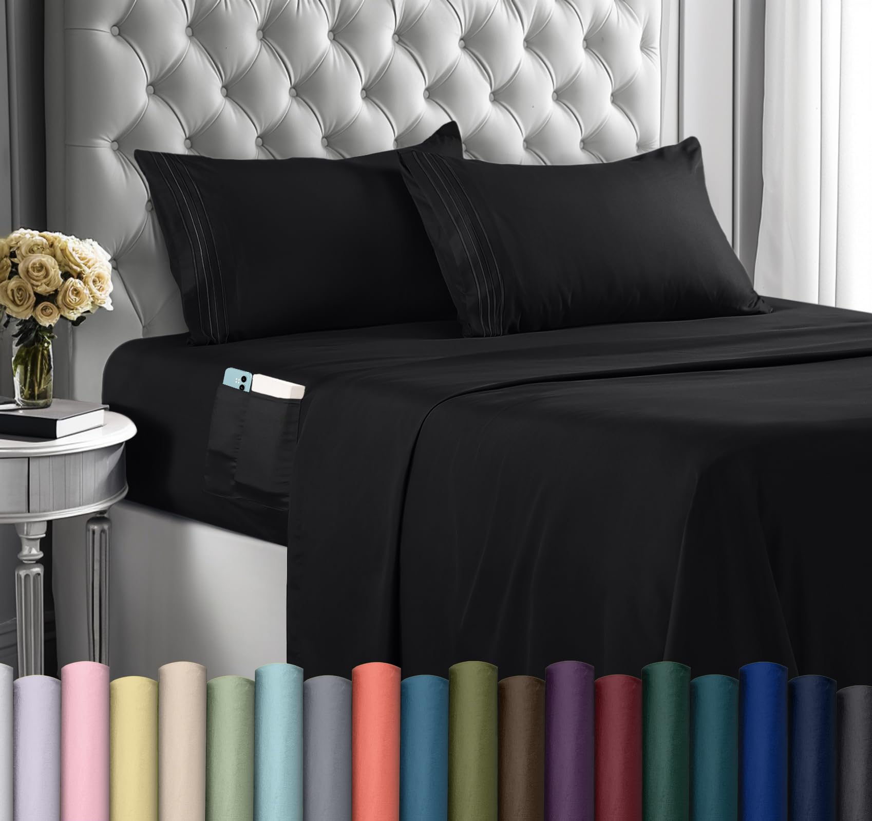 Utopia Bedding King Sheet Set, Soft Microfiber 4 Piece Hotel Luxury Bed Sheets for Women, Men, Kids & Teens with Side Storage Deep Pocket Fitted Sheet - Pillow Cases - Flat Sheet (Black)